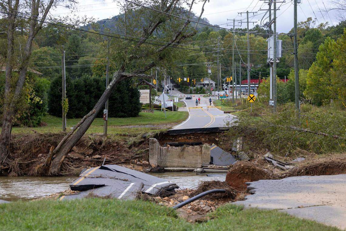 A washed out bridge over the Swannanoa River in Black Mountain on Sunday, Sept. 29, 2024. The remnants of Hurricane Helene caused widespread flooding, downed trees, and power outages in western North Carolina.