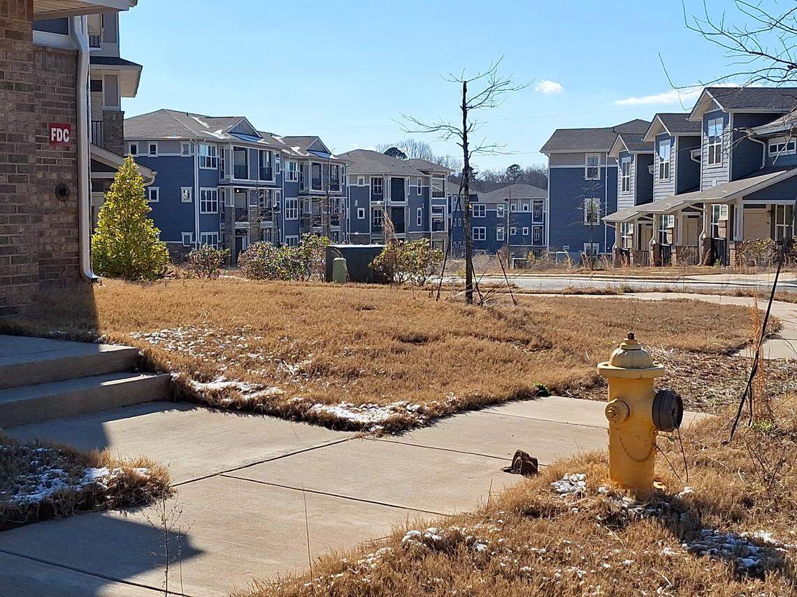 A fire hydrant and sidewalks appear complete in the Pointe at Caldwell Station apartment complex off N.C. 115 in Huntersville, NC, on Thursday, Feb. 20, 2024.