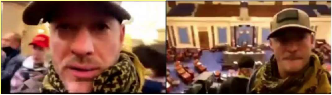 These Facebook images included in an FBI document show former Huntersville resident Brad Bennett inside the U.S. Capitol on Jan. 6, 2021. Bennett was charged with a series of crimes tied to the riot. His case is scheduled to be back in court on the one-year anniversary of the attack.