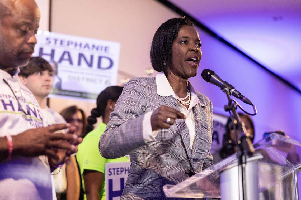 Stephanie Hand speaks at the Meck Dems the 2023 Election Night Watch Party at the Mint Museum in Charlotte, N.C., on Tuesday, November 7, 2023.