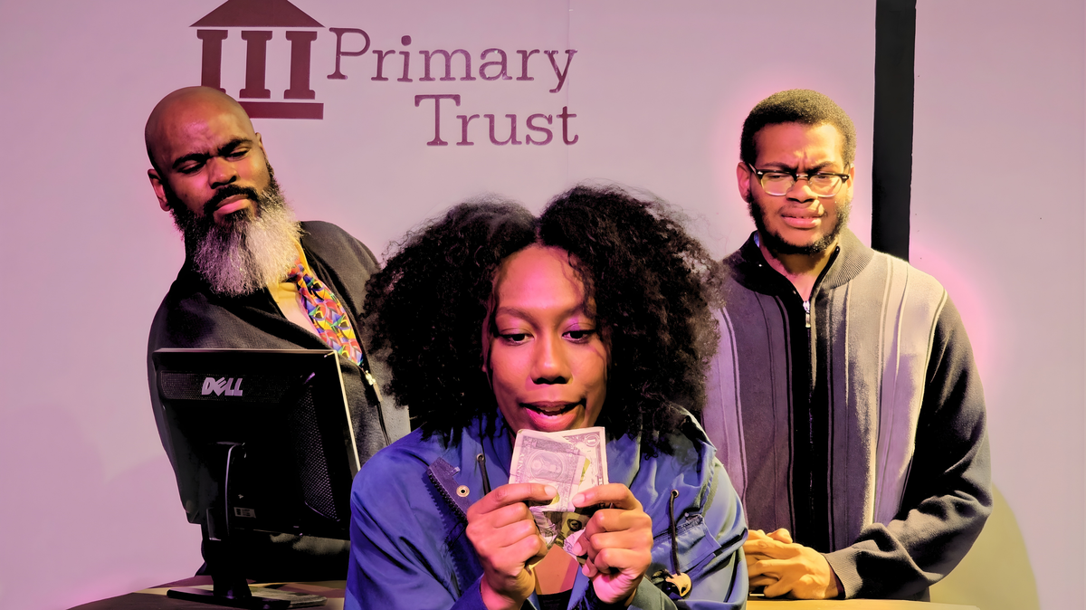Bert (Marvin King), a bank customer (Frandasia ‘Frannie’ Williams) and Kenneth (Miles Thompson) in a scene from ‘Primary Trust’ at Three Bone Theatre. The play runs until Feb. 22.