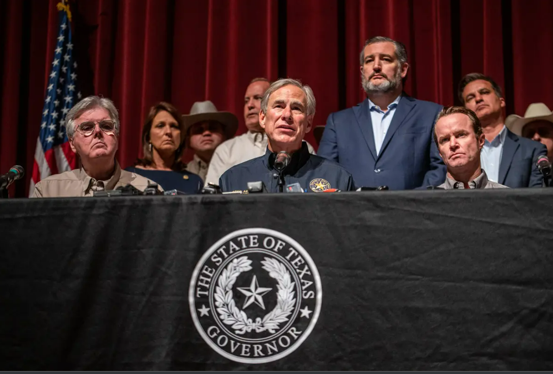 Gov. Greg Abbott hosts a press conference at Uvalde High School on Wednesday, following a deadly school shooting that occurred on Tuesday, May 24 and left 21 dead, including 19 children.