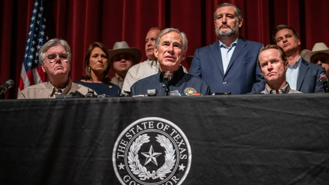 Gov. Greg Abbott hosts a press conference at Uvalde High School on Wednesday, following a deadly school shooting that occurred on Tuesday, May 24 and left 21 dead, including 19 children.