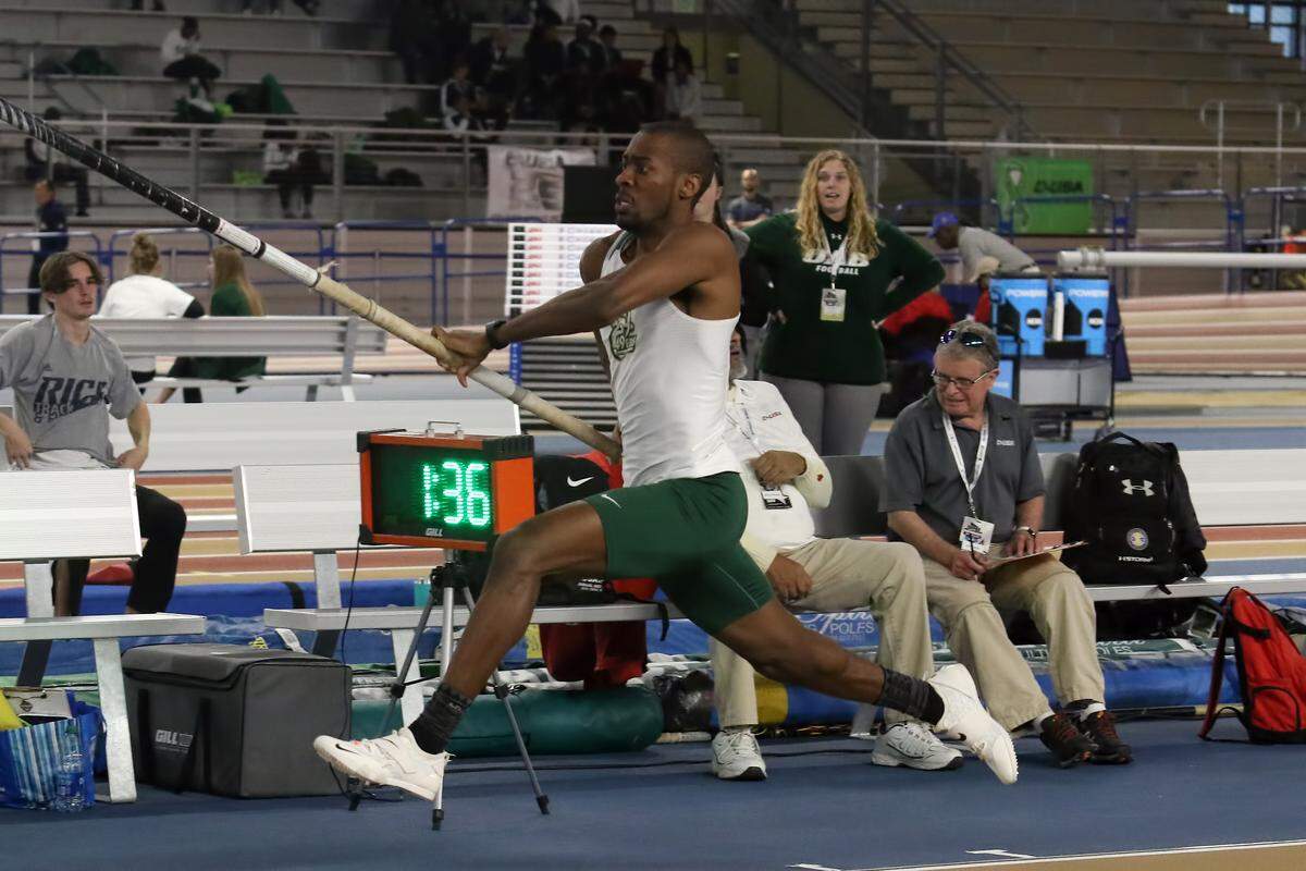 Charlotte senior pole vaulter Keon Howe competes in the 2020 Conference USA Indoor Track and Field Championships in February 2020 in Birmingham, Alabama. Howe won the pole vault and placed third in the high jump at the meet.