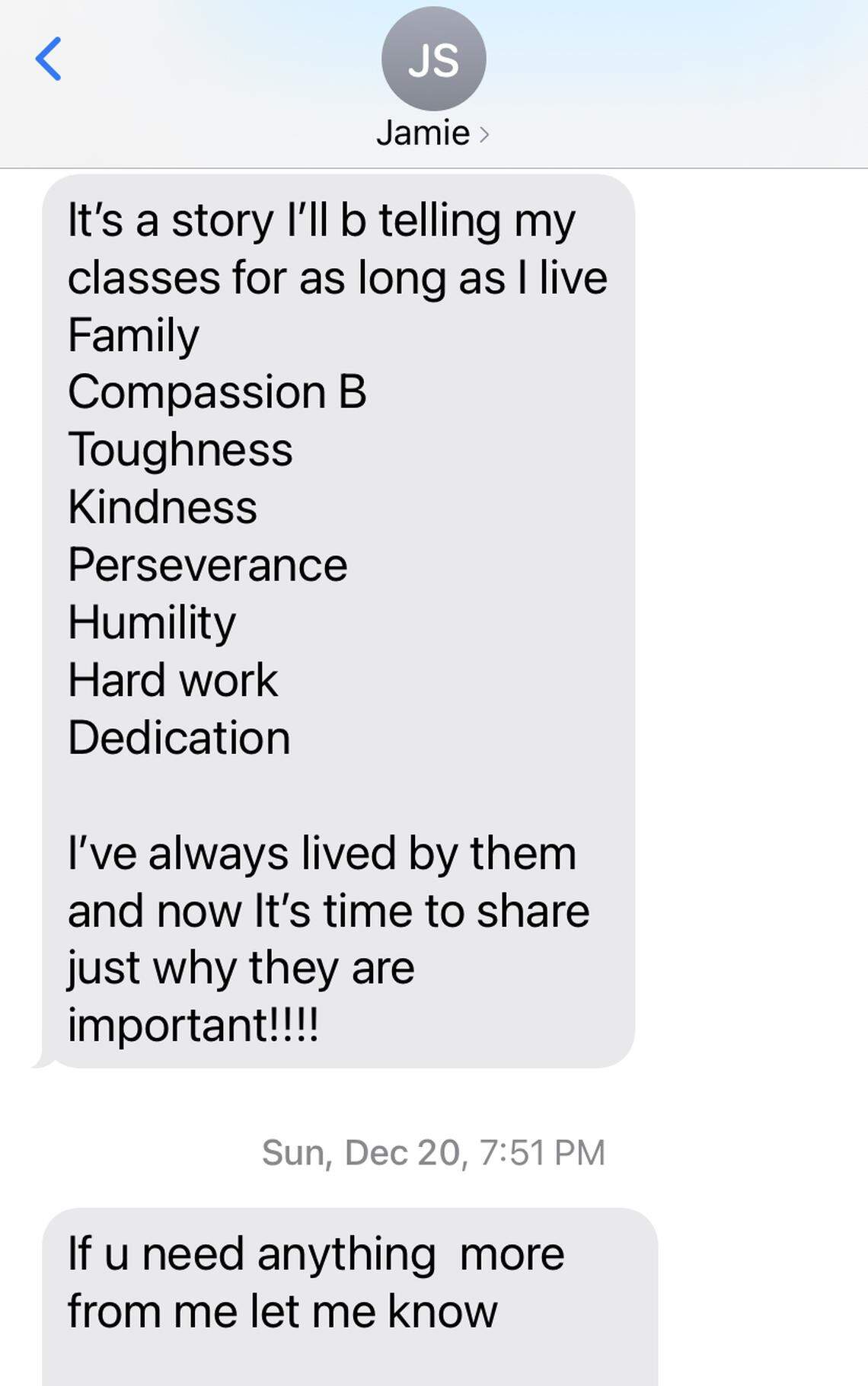 A screenshot of a text message from Lincoln Charter School coach Jamie Seitz to Observer sports columnist Scott Fowler on Dec. 20, 2020. Seitz was in the hospital due to COVID-19 at the time and would die one week later.