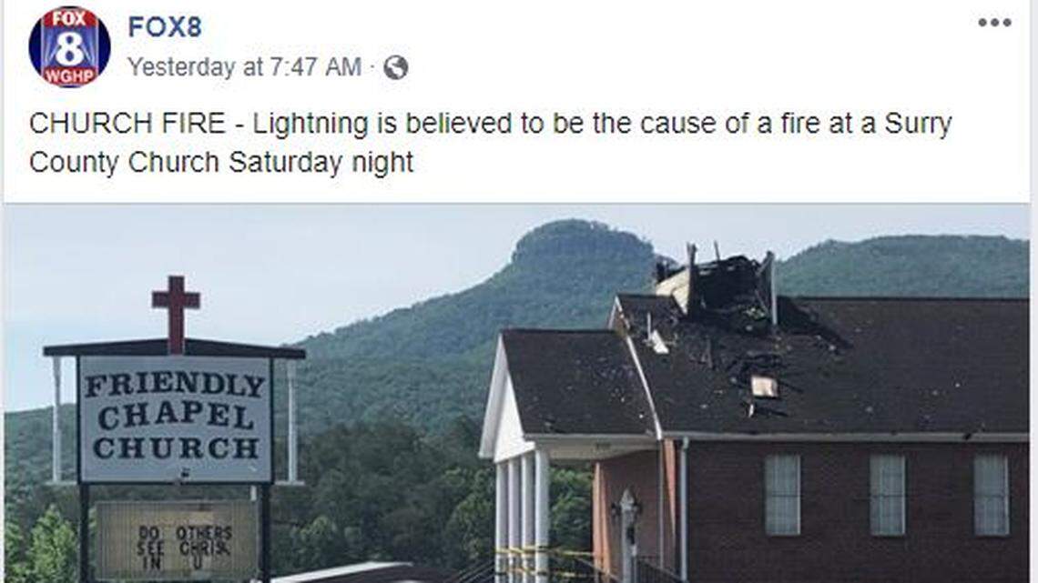 Lightning strikes twice at NC church — and the steeple burst into flames, officials say