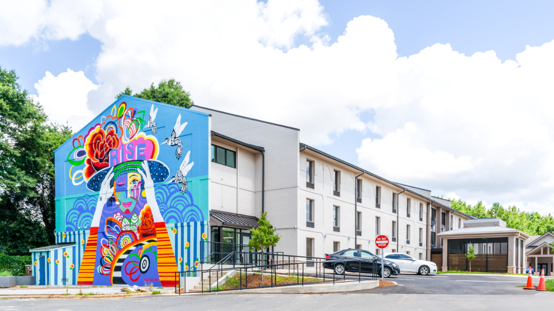The former Quality Inn hotel near Clanton Road and Interstate 77 in Charlotte, NC, has been transformed into SECU The Rise on Clanton, an apartment complex for people who are chronically homeless, according to Roof Above.