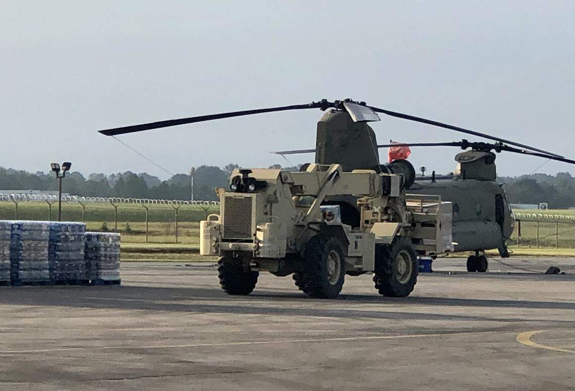 The North Carolina National Guard begin to load commodities for transport to Western North Carolina on Thursday morning, Oct. 3, 2024 in Salisbury, N.C.