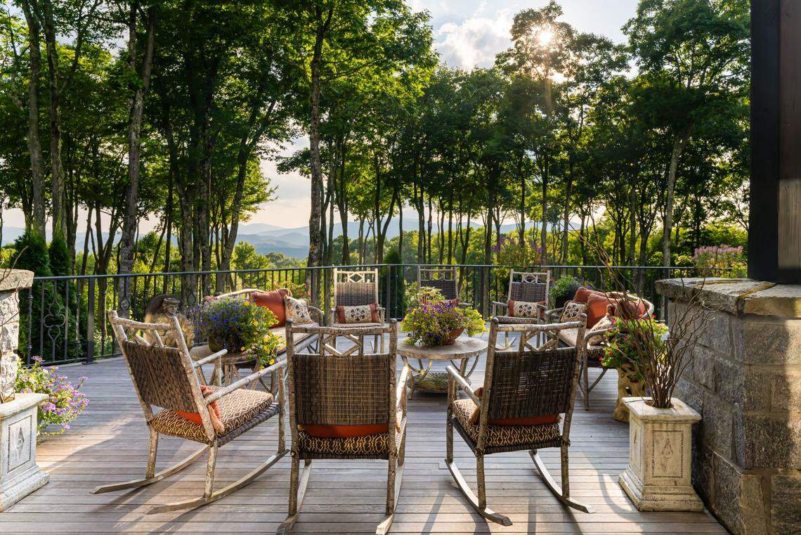 A patio at the mansion looks out to the surrounding mountains.