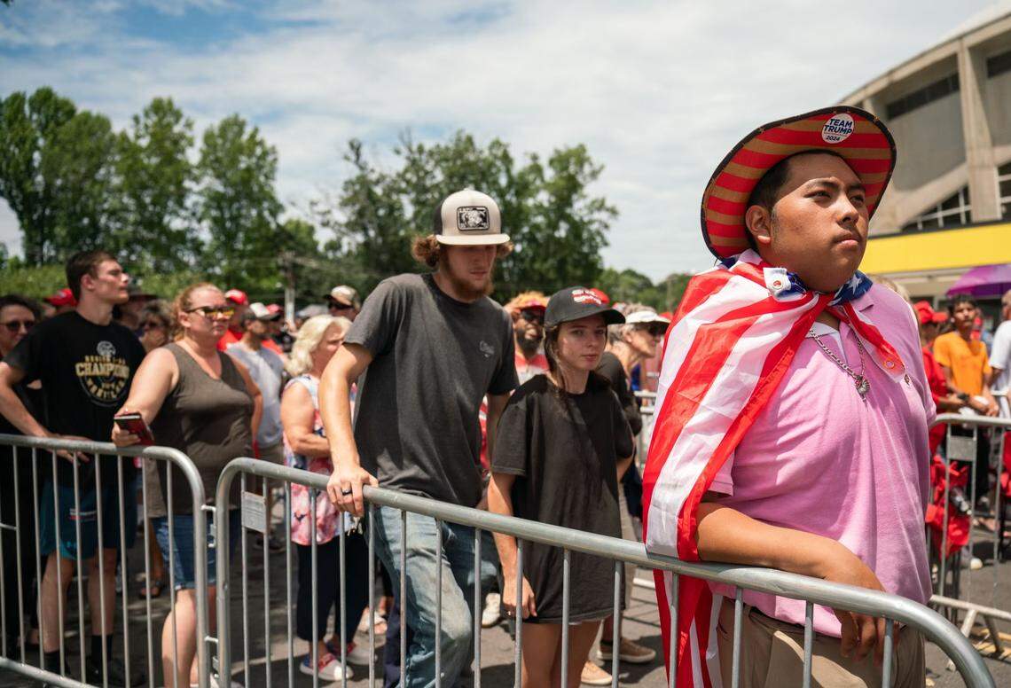 Supporters of former President Donald Trump wait in line to get inside the Bojangles Coliseum in Charlotte for a rally on Wednesday, July 24, 2024.