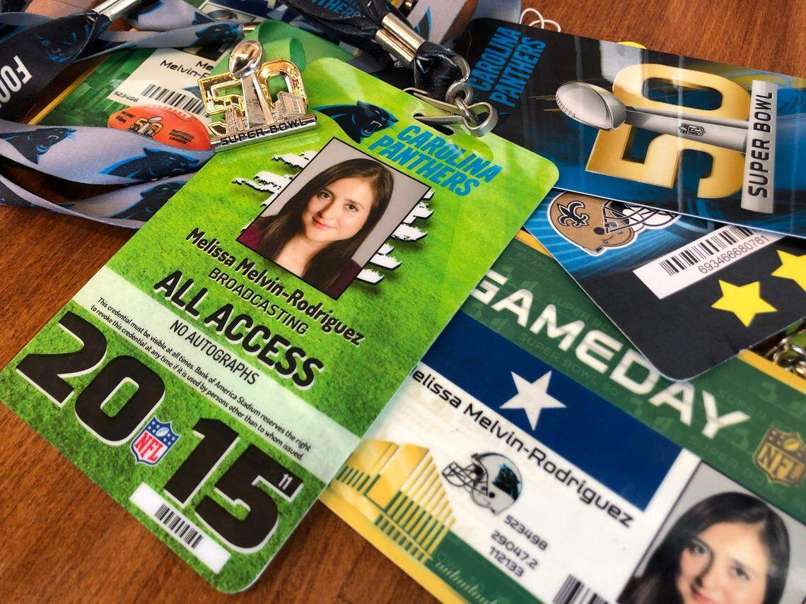 Melissa’s assorted media-related mementos from the Super Bowl.