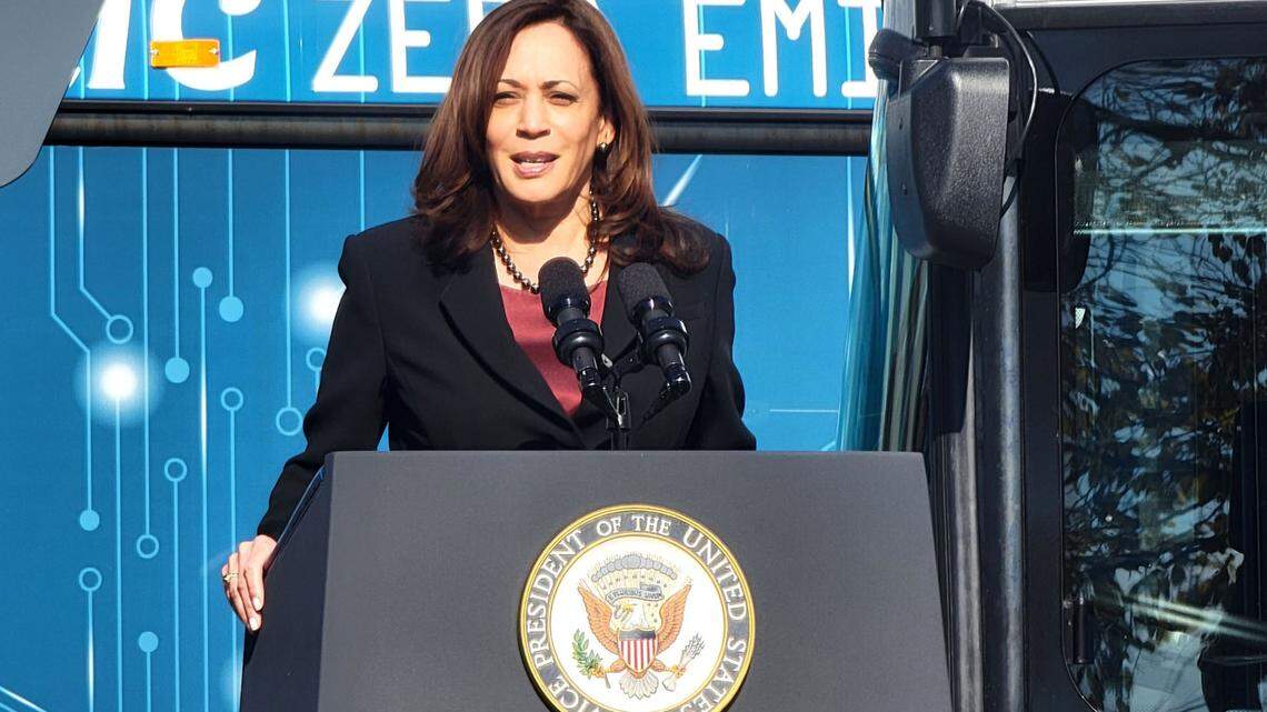 Vice President Kamala Harris speaks to an audience at Charlotte Area Transit System garage in Charlotte, NC., during the visit on Thursday, Dec. 02, 2021.
