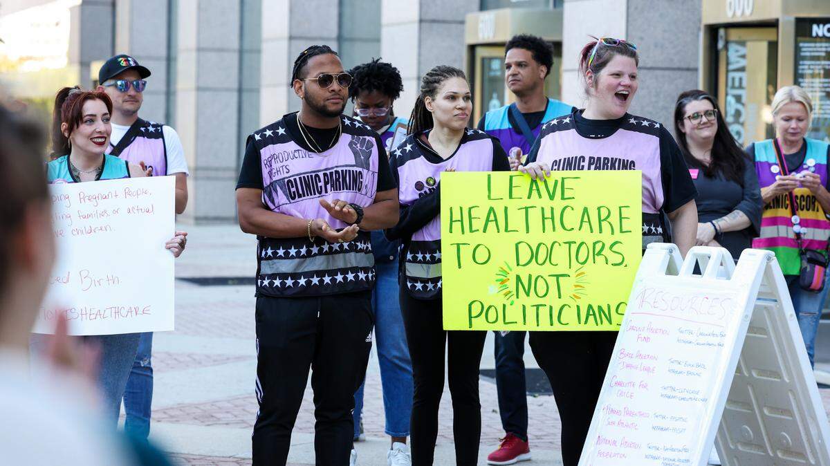 Charlotte Reproductive Freedom Advocacy holds a Charlotte Abortion Access Rally outside the Mecklenburg Country Government Center on May 3, 2023 to protest a push by Republicans in the North Carolina General Assembly to ban abortions after 12 weeks.