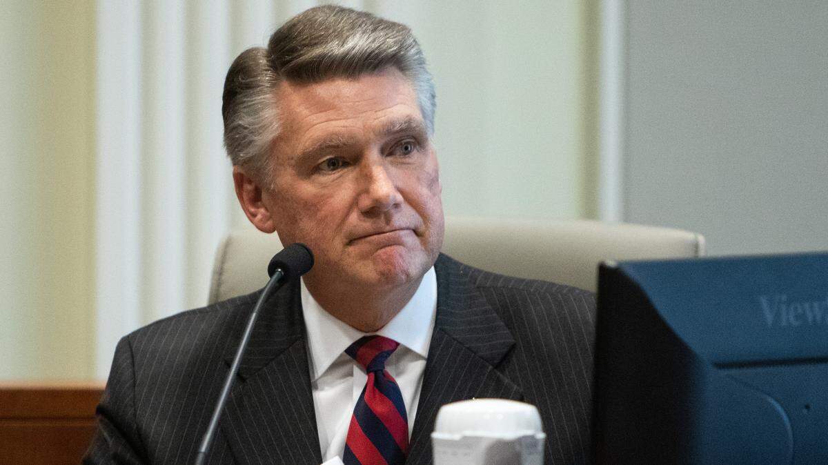 Mark Harris, then a Republican candidate in North Carolina’s 9th Congressional District race, makes a statement before the State Board of Elections calling for a new election on Feb. 21, 2019, at the North Carolina State Bar in Raleigh during the fourth day of a public evidentiary hearing on voting irregularities in the race.