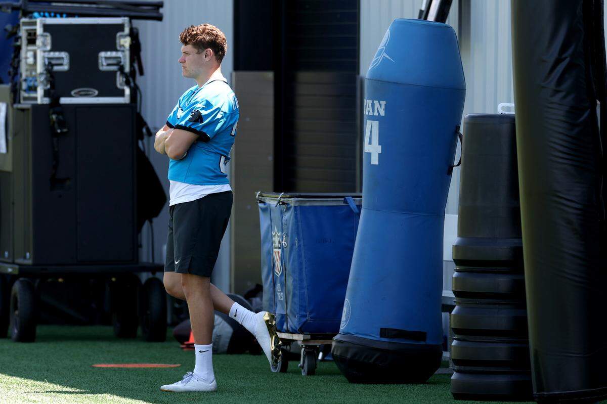 Carolina Panthers rookie kicker Ryan Fitzgerald stands along the sideline during the team’s rookie minicamp practice on Friday, May 9, 2025.
