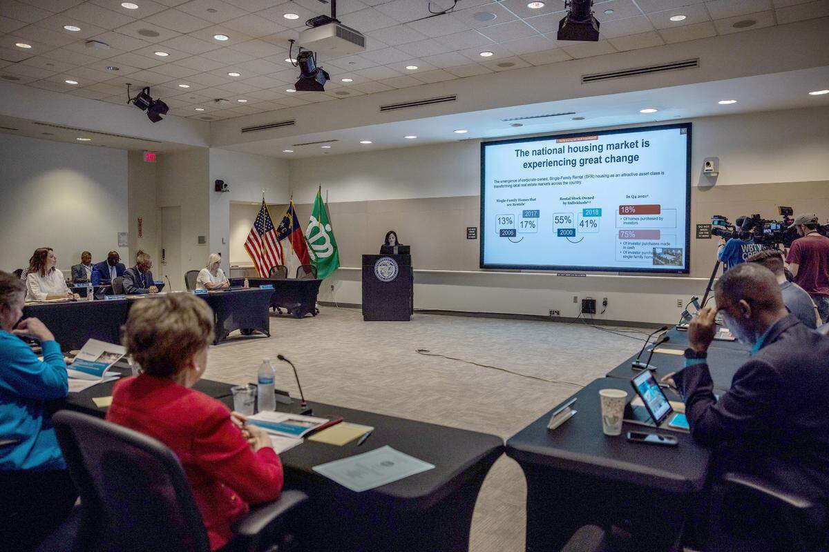 The Board of County Commissioners meeting in Charlotte, N.C., on Tuesday, April 12, 2022. The Board of County Commissioners held a meeting in which they discussed Wall Street-owned homes for rent.