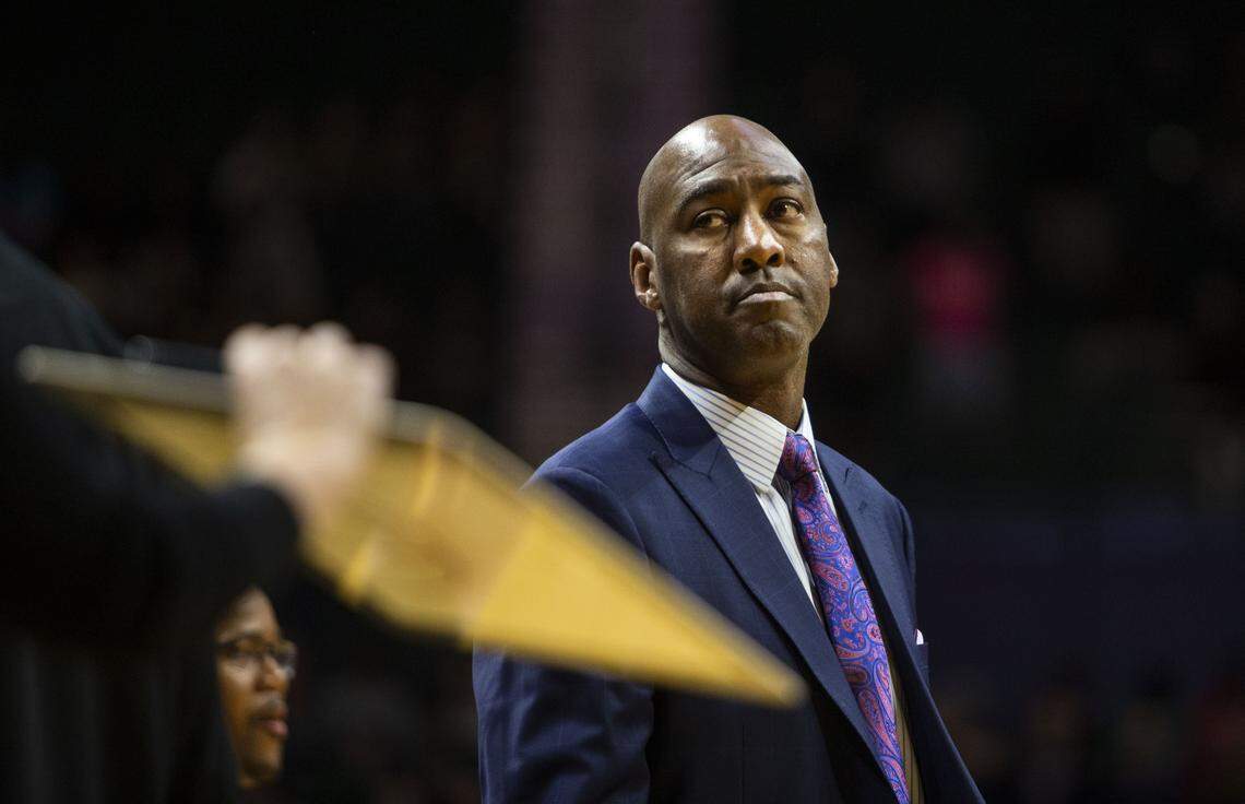 Wake Forest head coach Danny Manning looks to his bench after calling timeout in overtime of a loss to the Charlotte 49ers at Halton Arena in Charlotte in November. Manning’s Demon Deacons are stumbling through another down season playing in front of a mostly empty home arena in Winston-Salem.