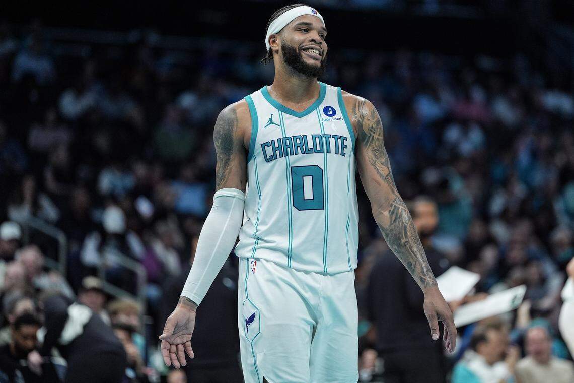 Charlotte Hornets forward Miles Bridges (0) looks on during the first half of an NBA basketball game against the Toronto Raptors, Wednesday, Jan. 7, 2026, in Charlotte, N.C.