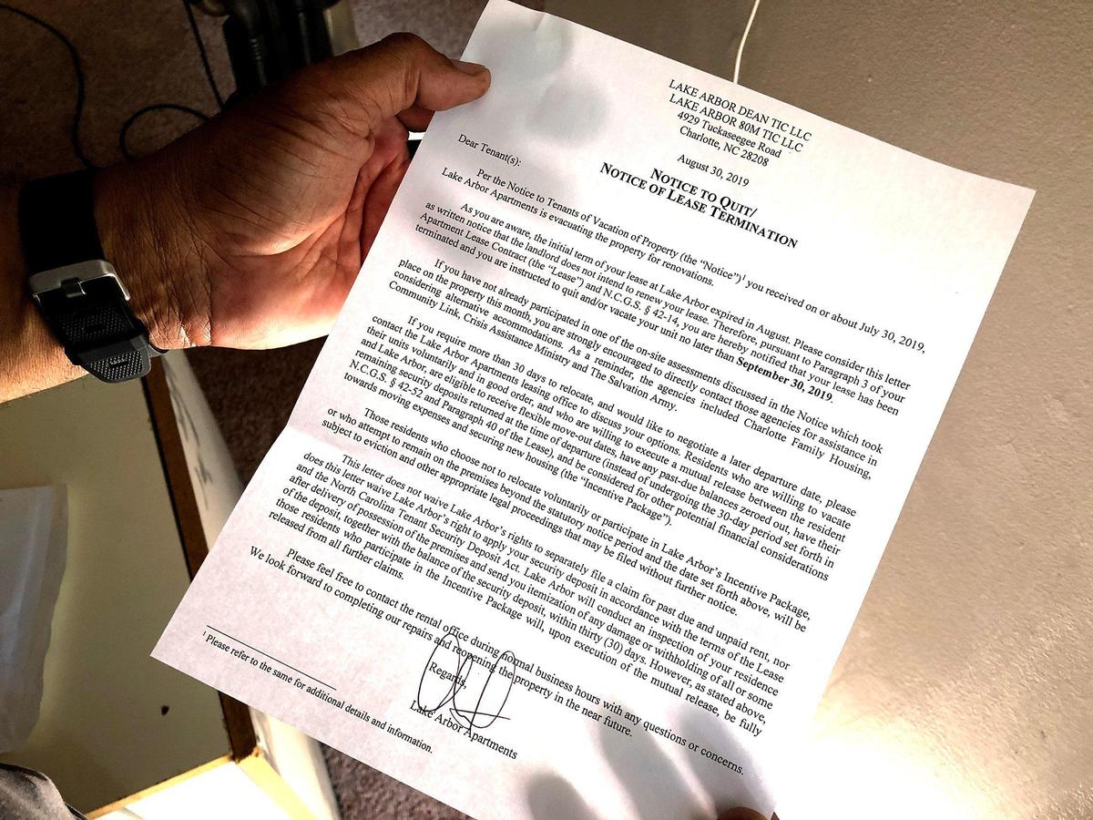 Residents of Lake Arbor Apartments on Tuckaseegee Rd. In Charlotte, NC received a Notice to Quit/Notice of Lease Termination dated August 30, 2019. The apartment complex has begun tenant removals of all residents to renovate after years of sub-standard conditions and code violations. Residents have until Monday, September 30, 2019 to leave.