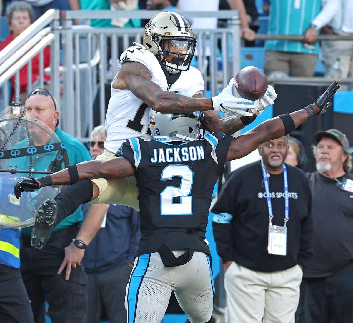 Carolina Panthers cornerback Mike Jackson, back to camera, fronts New Orleans Saints wide receiver Cedrick Wilson Jr., during late fourth quarter action at Bank of America Stadium in Charlotte, NC on Sunday, November 3, 2024. Wilson Jr. was unable to make the reception with the Panthers taking over the ball. The Panthers defeated the Saints 23-22.