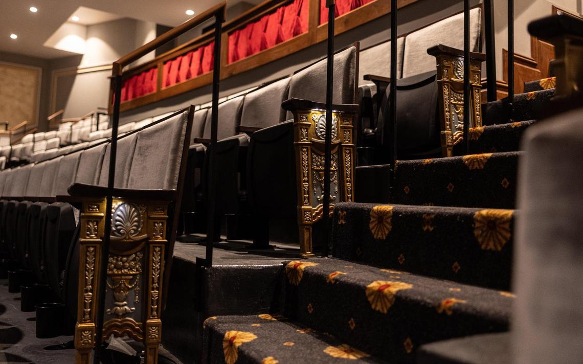 A closer look at the decorative carpeting inside the remodeled theater.