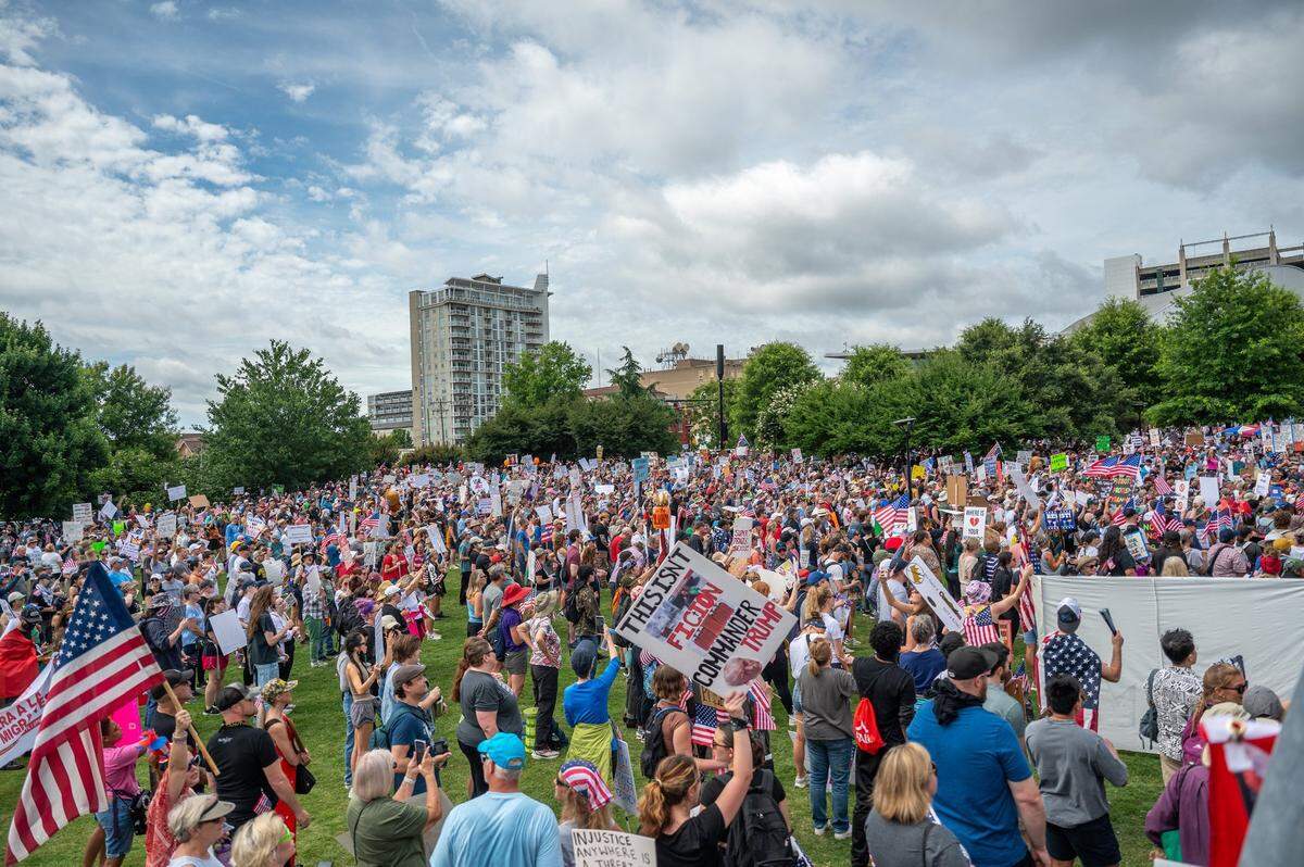 An estimate of 5,000 participants at the the ‘No Kings, anti-Trump’ Protest in uptown Charlotte, Saturday, June 14, 2025.