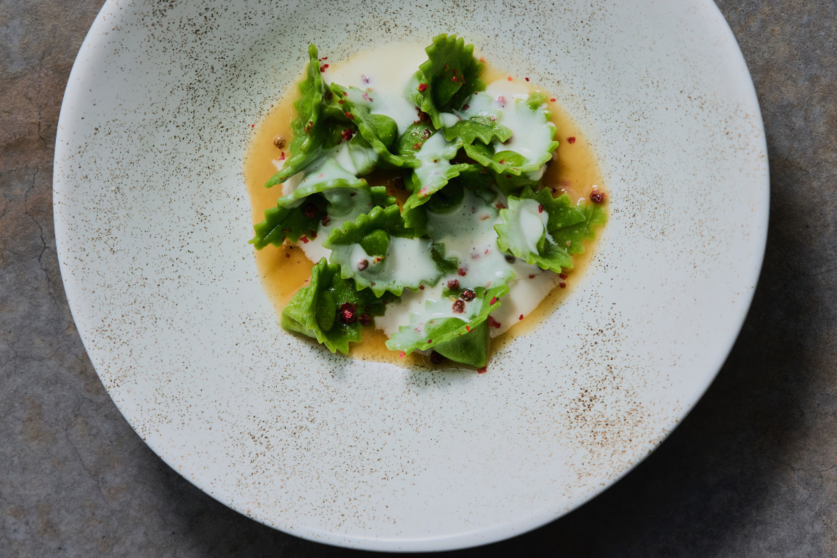 L’Ostrica’s rabbit cappelletti with pecorino foam and pink peppercorn.