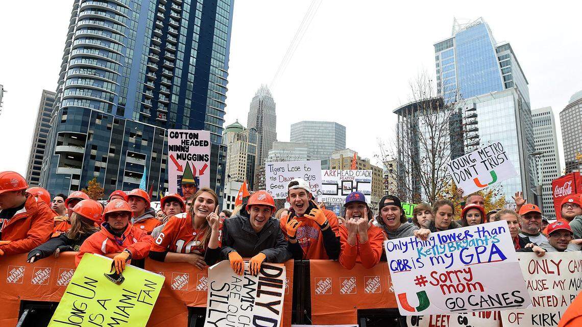 From 2017: Clemson fans (with some Miami fans mixed in) cheer at the ESPN College GameDay event at Romare Bearden Park in Charlotte before the ACC Championship Game.