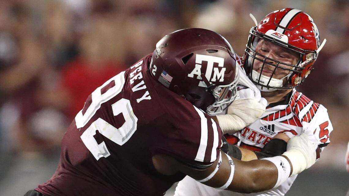 N.C. State center Garrett Bradbury, right, said he met with his hometown Carolina Panthers during his time in Mobile for the Senior Bowl.