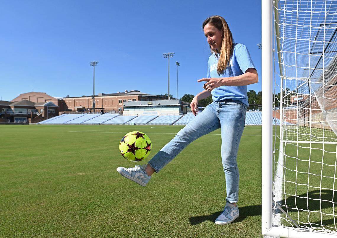 Heather O’Reilly juggles a ball at Dorrance Field in Chapel Hill, NC on Tuesday, October 8, 2024. O’Reilly is a former professional women’s soccer player who won three Olympic gold medals and a FIFA Women’s World Cup gold medal. She played collegiately at the University of North Carolina.