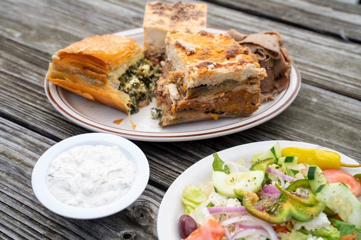 The Mad Greek Restaurant has a variety of food including spanakopita, pastichio, gyro, moussaka, Greek salad and tzatziki.