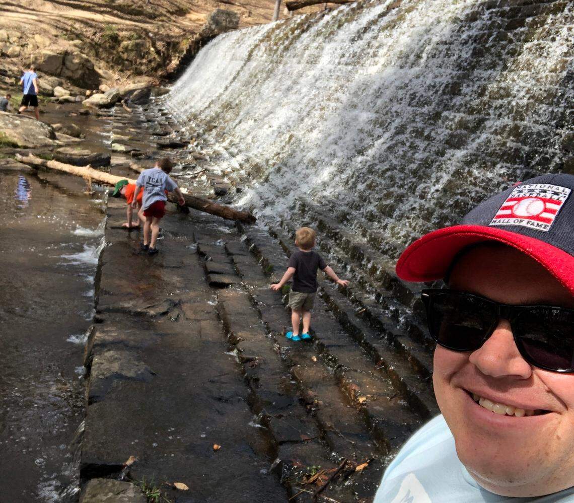The O’Daniel family traverses Kings Mountain Spillway.