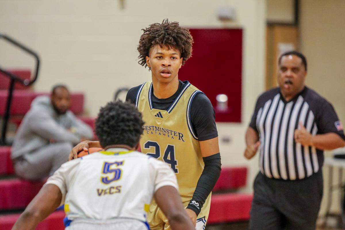 Westminster Catawba’s Brycen Redmon plays in the championship game of the Charlotte Hoops Challenge at Harding high school in Charlotte NC on Nov 30, 2024