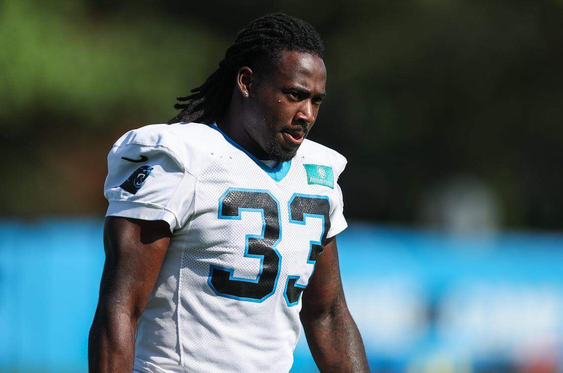 Panthers outside linebacker Princely Umanmielen walks onto the field during training camp in Charlotte, NC on Tuesday, July 29, 2025.