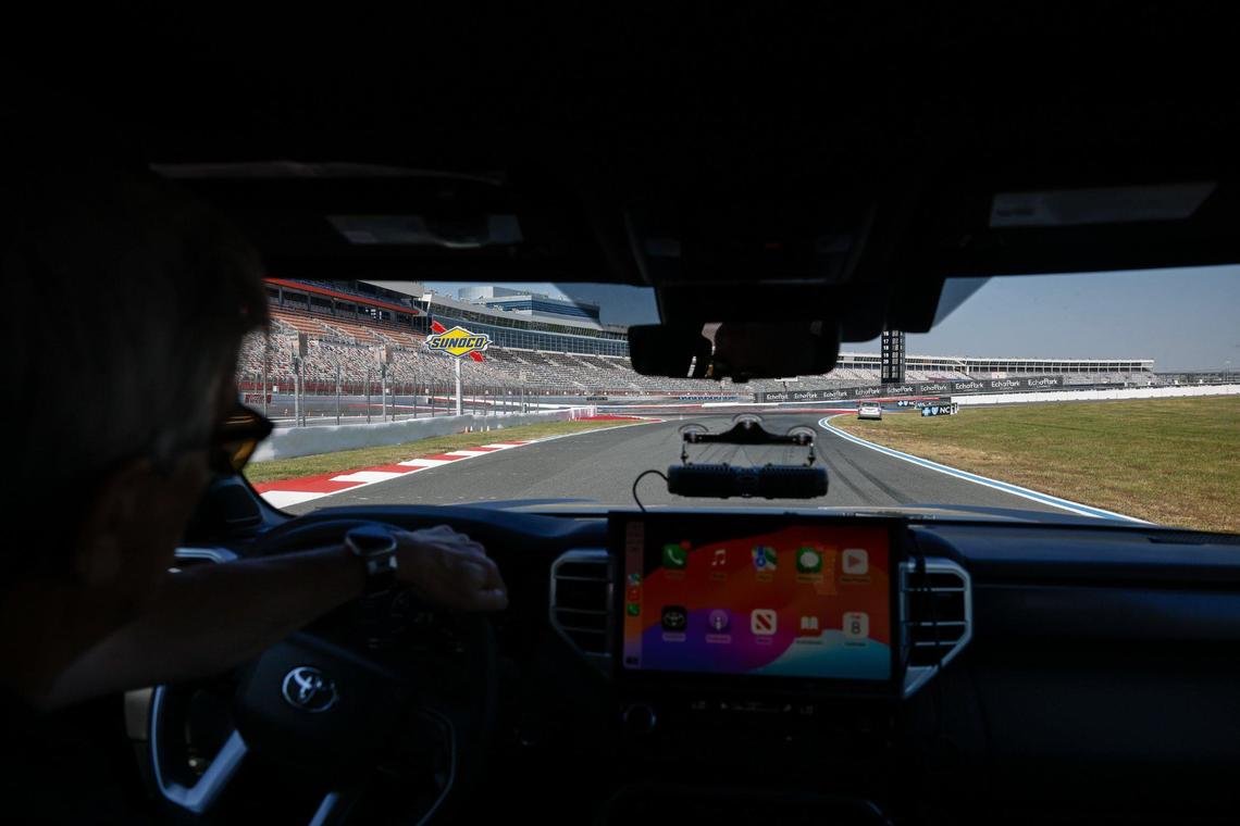 President of Charlotte Motor Speedway, Greg Walter, drives along the race track to give an inside look at the changes made for the upcoming Roval 400 to make it look like a “purpose built road” at Charlotte Motor Speedway on Tuesdday, Oct. 8, 2024.