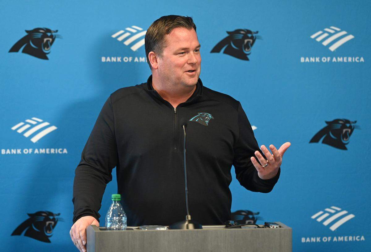 Carolina Panthers general manager Scott Fitterer responds to a question from the media on Monday, January 9, 2023 at Bank of America Stadium in Charlotte, NC. Panthers players packed up their lockers following the conclusion of the team’s season on Sunday, January 8, 2023 with a victory over the New Orleans Saints.