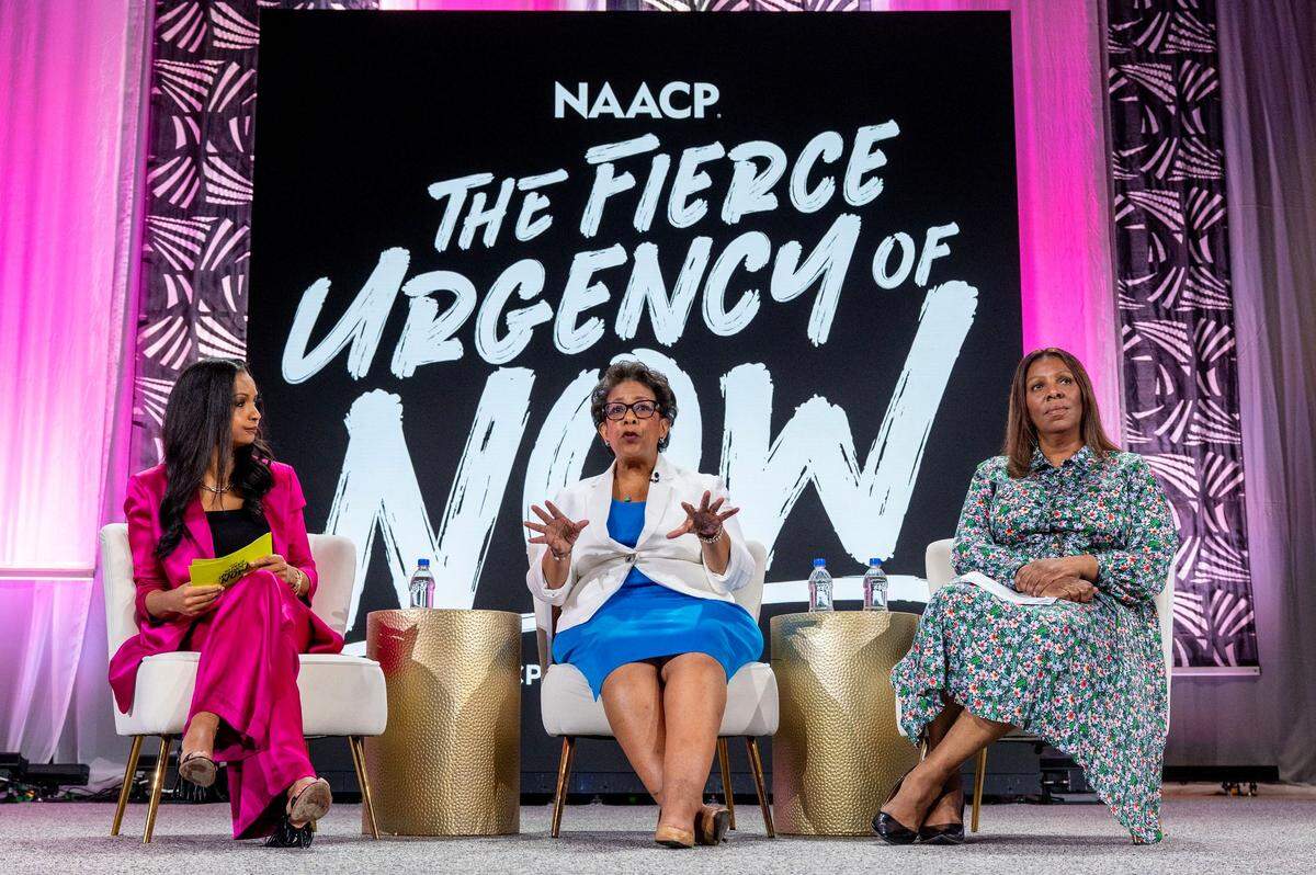 Former Attorney General Loretta E. Lynch, center, speaks about birthright citizenship, the current state of US democracy, the power of attorney generals and more with New York State Attorney General Letitia James and moderator Eboni K. Williams during the “Liberty and Justice for All” Empowerment Brunch at the 116th NAACP national convention in Charlotte Sunday, July 16, 2025.