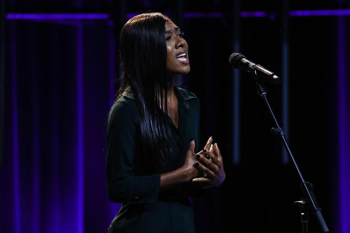 Former Miss USA, and personal friend, Nina Franklin sings “Give Me Jesus” during a memorial service to honor the life of former Miss USA winner and Charlotte native, Cheslie Kryst at Elevation Blakeney on Friday, February 18, 2022 in Charlotte, NC. Kryst, who was beloved in the Charlotte area and worked closely with local charities such as Dress for Success, was secretly suffering from depression and died by suicide on January 30, 2021 in New York City.