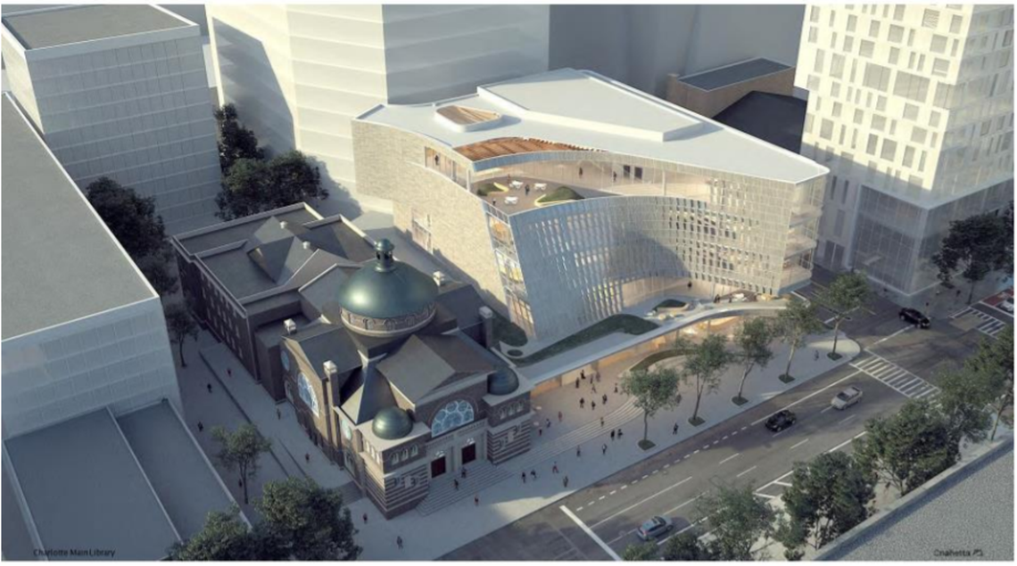 A rendering of the McGlohon Theater and Duke Energy Theater next to the new main library branch uptown. The county approved a plan to save the two theaters but demolish much of the remaining Spirit Square, leaving arts groups in the lurch for now. The county says 60% of the meeting space will be replaced or kept in the new development.