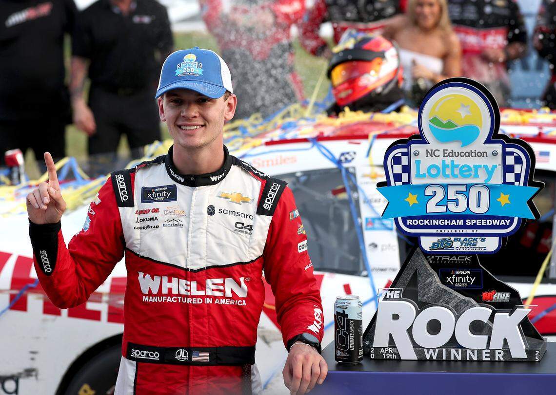 NASCAR Xfinity Series driver Jesse Love celebrates winning the North Carolina Education Lottery 250 at Rockingham Speedway on Saturday, April 19, 2025.