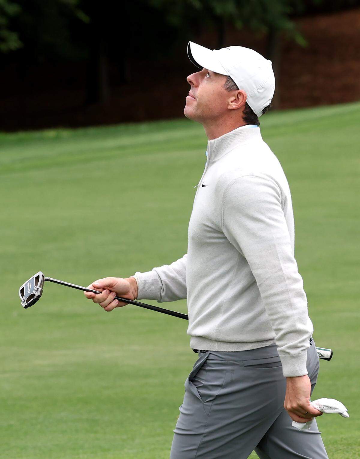 Rory McIlroy looks to the sky after hitting his second shot along the eighth fairway during the Truist Championship Pro-Am at Quail Hollow Club in Charlotte, NC on Wednesday, May 6, 2026. 