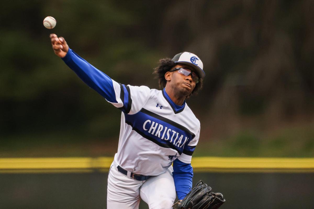 Charlotte Christian’s Calvert Clark pitches against Providence Day at Charlotte Christian School in Charlotte, N.C., on Friday, April 8, 2022.