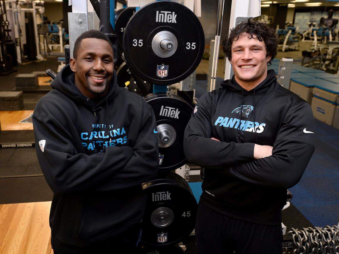 Carolina Panthers linebackers Thomas Davis, left, and Luke Kuechly, right, on Friday, January 22, 2016.