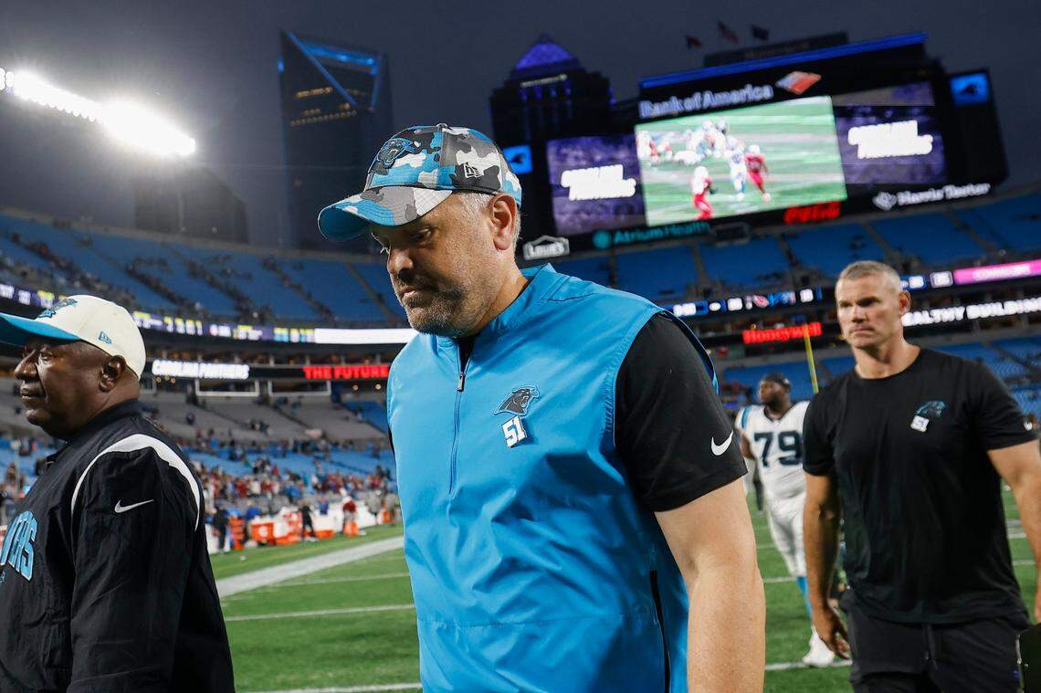 Carolina Panthers head coach Matt Rhule was fired Monday. He went 11-27 in his 38-game tenure as the team’s head coach.