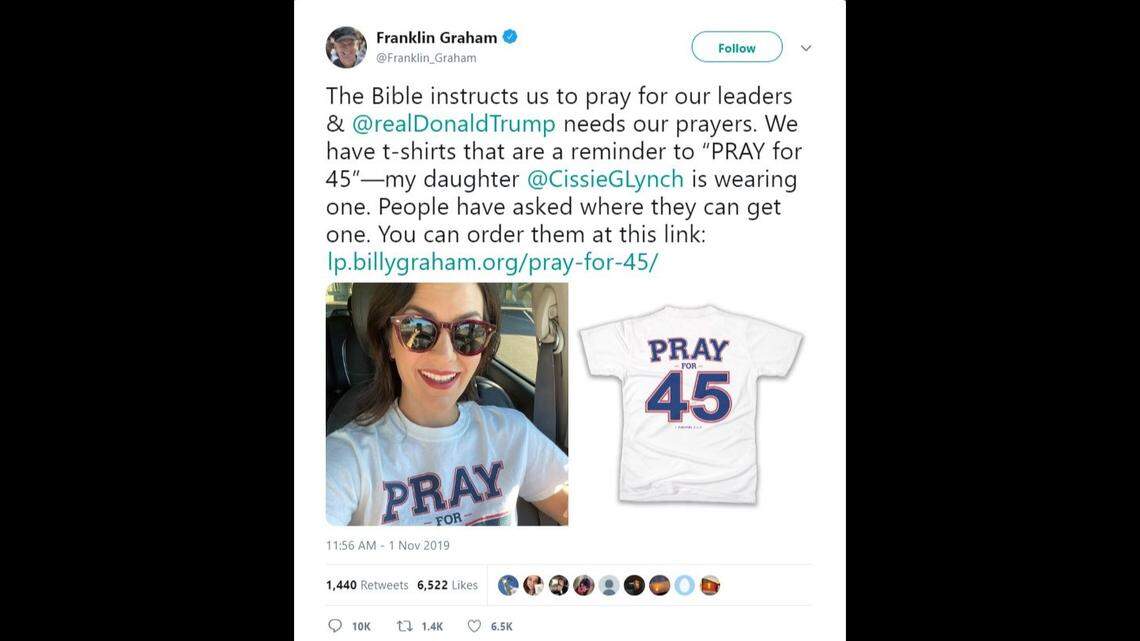 Evangelist Franklin Graham pushes ‘Pray for 45’ T-shirts during impeachment inquiry