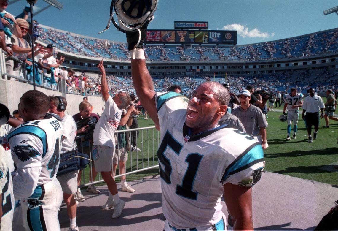 Sam Mills celebrates a win for the Panthers in 1996. Mills would later give the famous “Keep Pounding” speech in 2004.