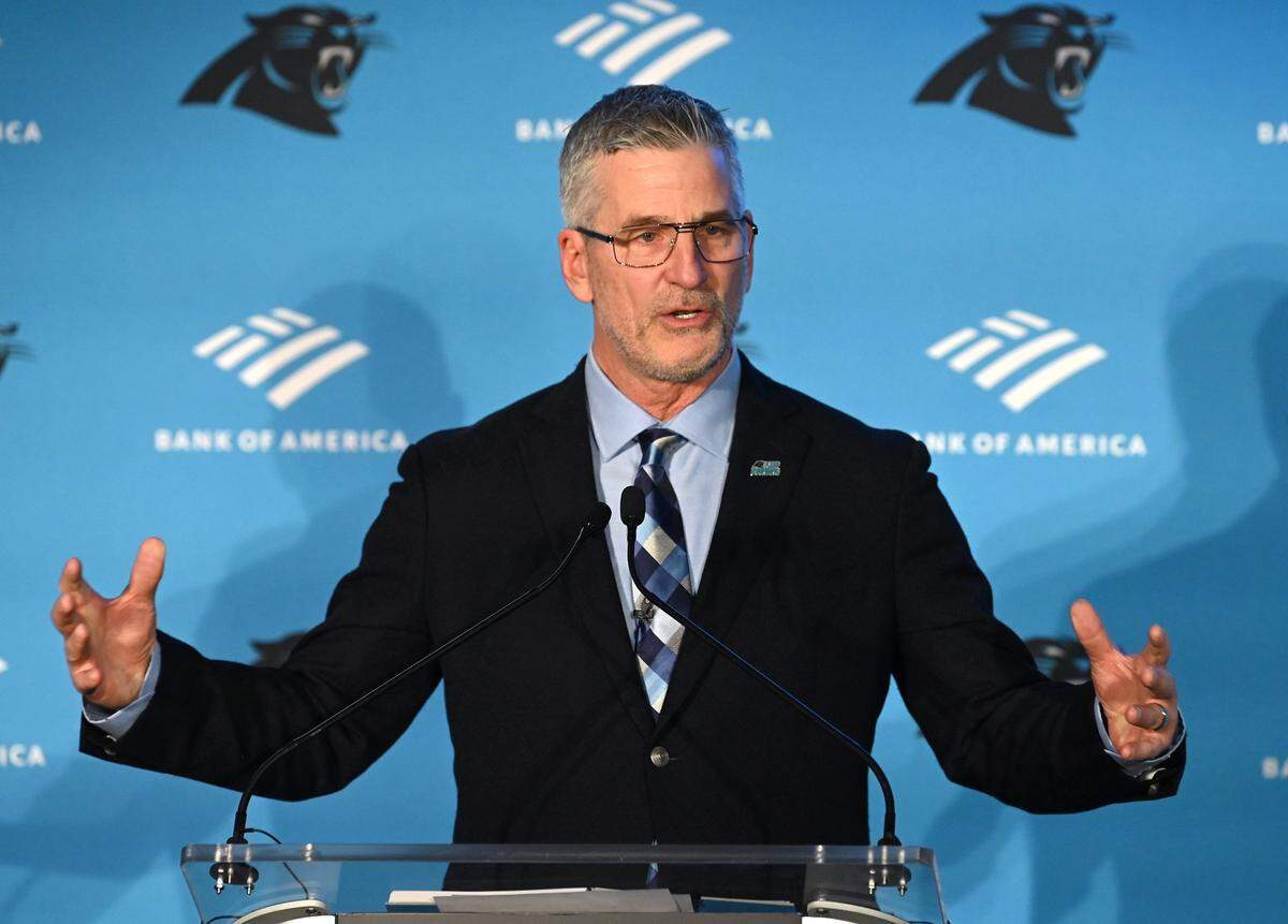 New Carolina Panthers head coach Frank Reich speaks during his introductory press conference at Bank of America Stadium on Tuesday, January 31, 2023.