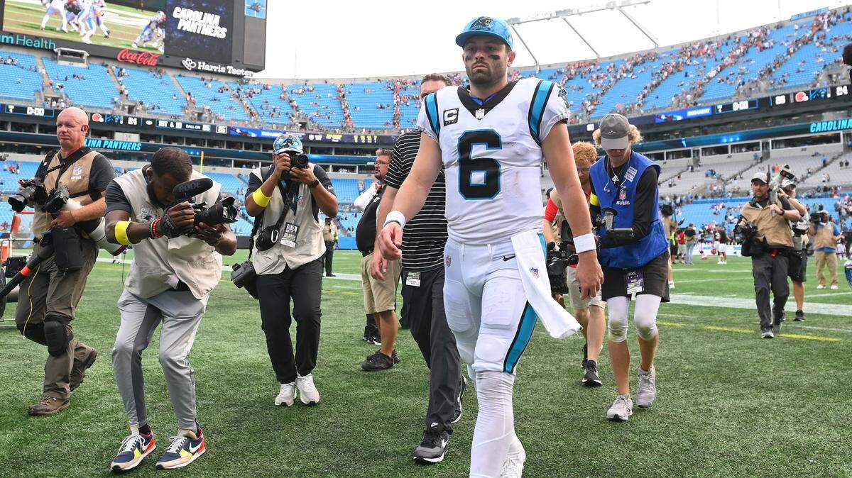 Carolina Panthers quarterback Baker Mayfield walks off the field following the team’s loss to the Cleveland Browns 26-24 at Bank of America Stadium on Sunday, September 11, 2022.