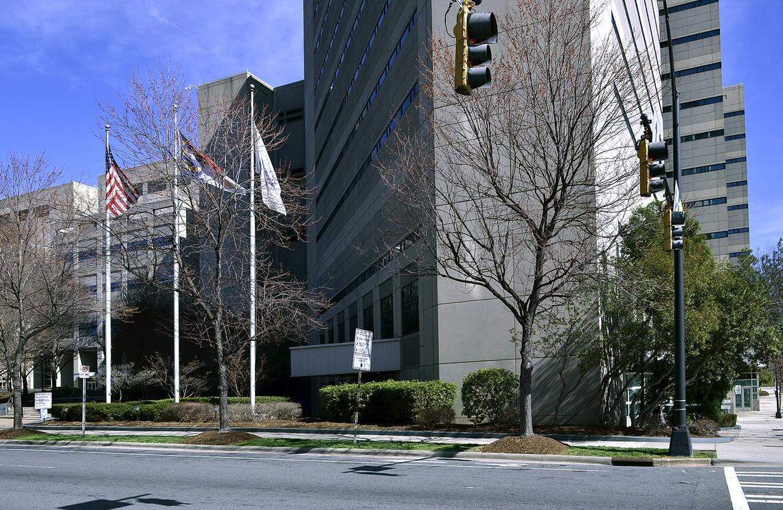 Flags sly out side of Mecklenburg County Jail Central.