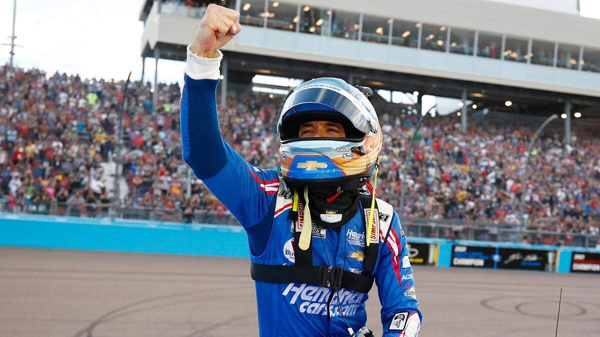 Kyle Larson, driver of the #5 HendrickCars.com Chevrolet, celebrates after winning the NASCAR Cup Series Championship at Phoenix Raceway on Sunday, Nov. 7, 2021 in Avondale, Arizona. (Jared C. Tilton/Getty Images/TNS)